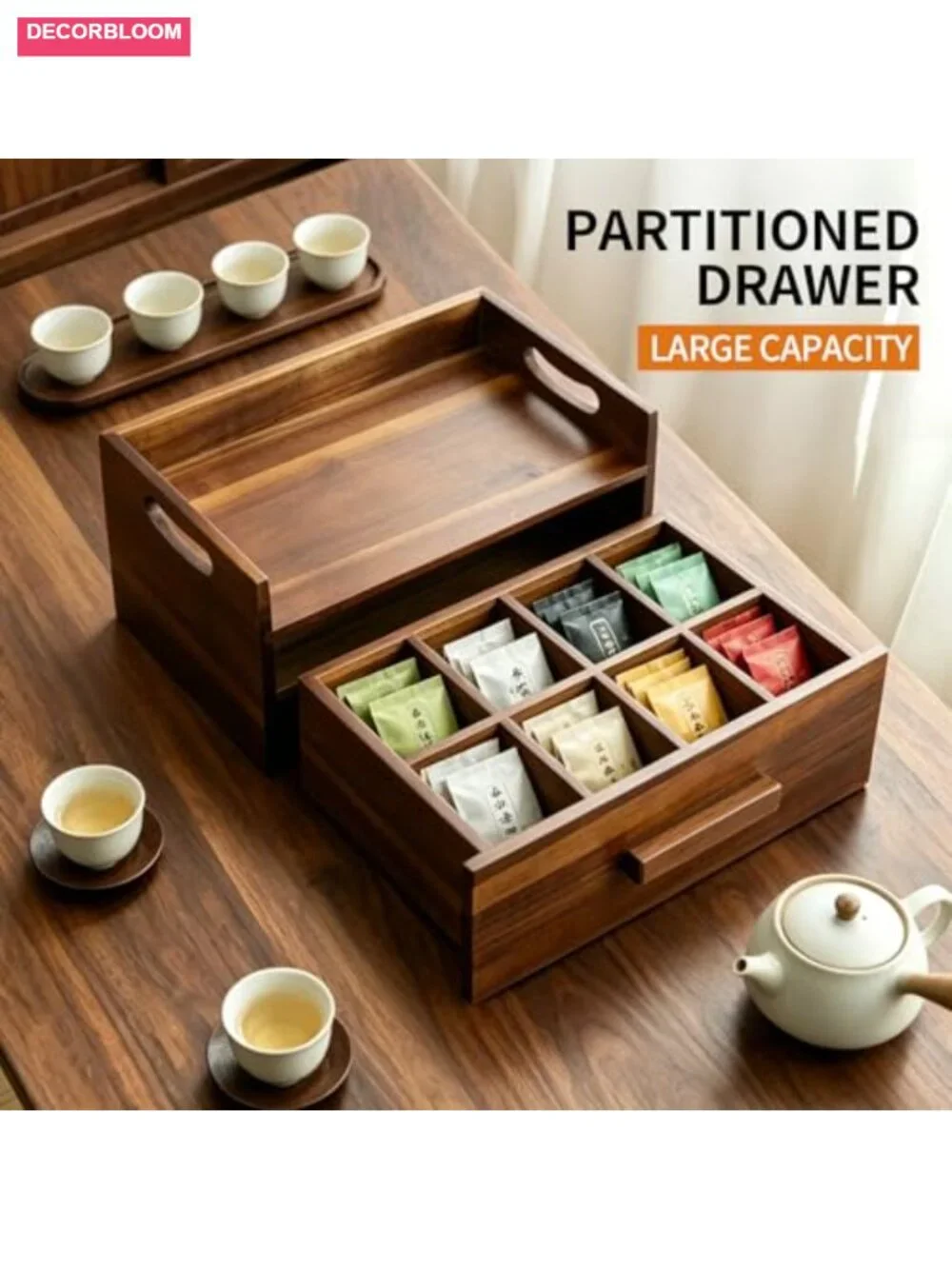 Acacia Wood Tea Bag Organizer Drawer with 12 Compartments, Tea Storage Caddy